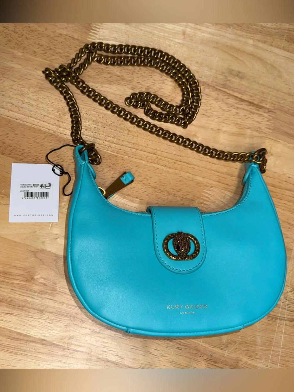 Kurt Geiger Small Chelsea Hobo Bag - Turquoise with Gold Chain